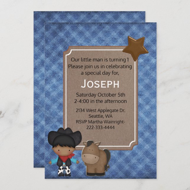 Western Themed Baby Boys erster Geburtstag Einladung (Vorne/Hinten)