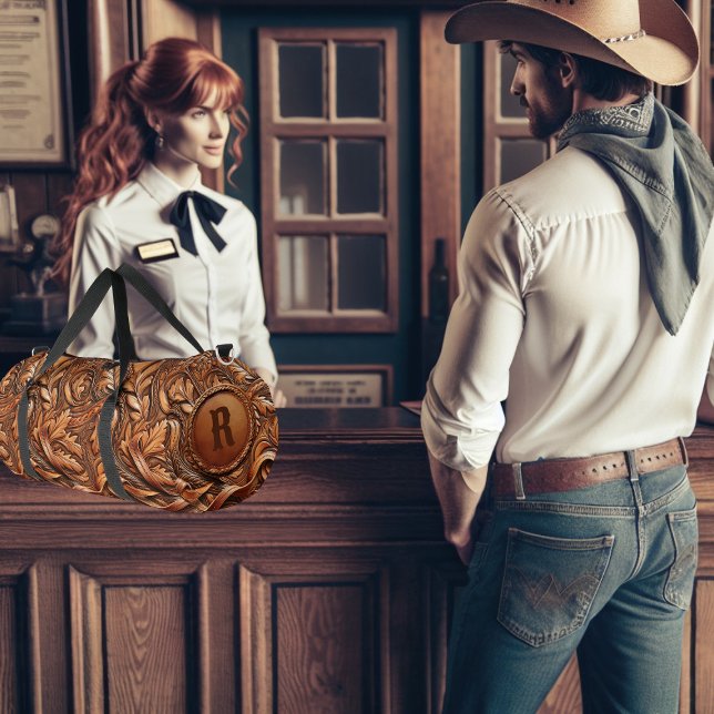 Western-Tooled Leather Print Custom Initial Duffle Bag (Western Tooled Leather Collection 
Custom Initial  Duffle Bag)