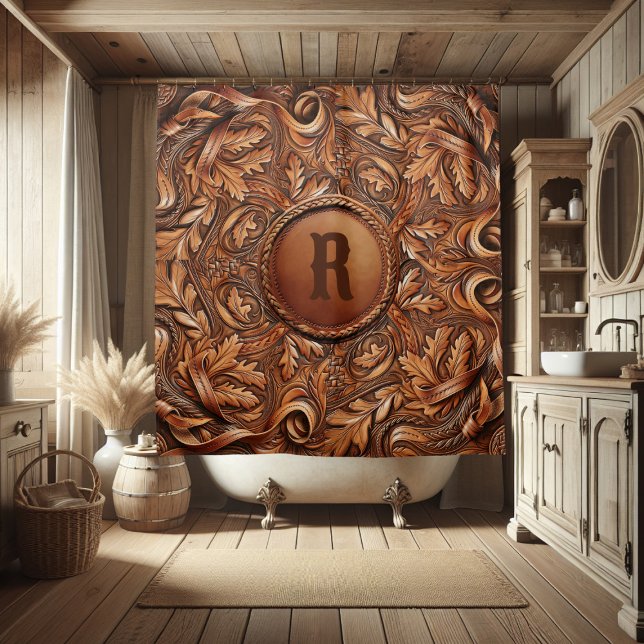 Western-Tooled Leather Print Custom Initial Duschvorhang (Western Tooled Leather Collection 
Custom Initial Shower Curtain)