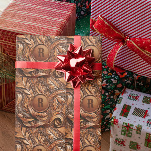 Western-Tooled Leather Print Custom Initial Geschenkpapier