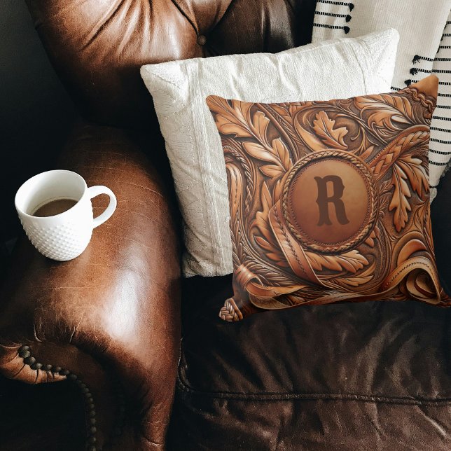 Western-Tooled Leather Print Custom Initial Kissen (Western Tooled Leather Collection 
Custom Initial Throw Pillow)
