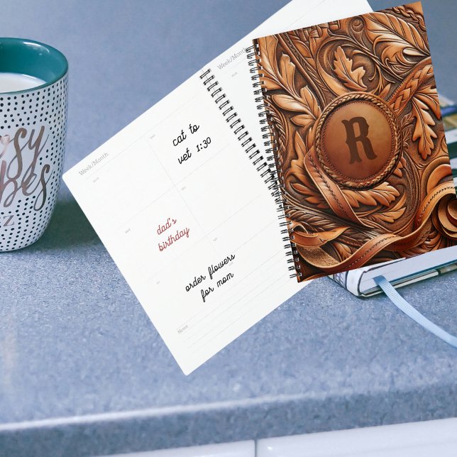 Western-Tooled Leather Print Custom Initial Planer (Western Tooled Leather Collection 
Custom Initial Planner)
