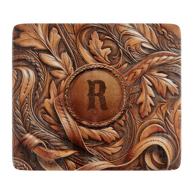 Western-Tooled Leather Print Custom Initial Schneidebrett (Vorderseite)