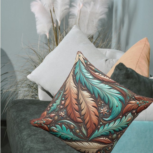 Western Toolted Leather Türkise Feathers Kissen (Western Tooled Leather Turquoise Feathers Throw Pillow)