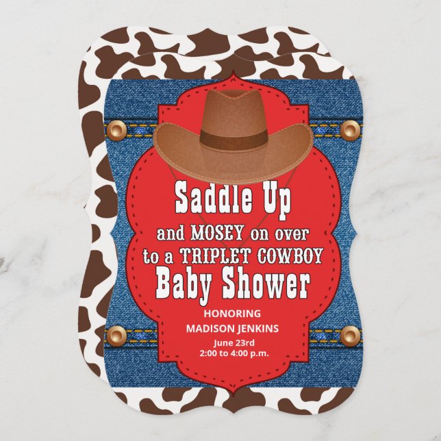 Western Triplet Cowboys Kinderdusche Einladung (Vorne/Hinten)