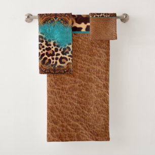 Western Türkis Glitzer Geblüht Leather Leopard Badhandtuch Set