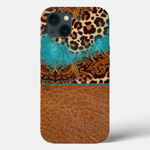 Western Türkis Glitzer Geblüht Leather Leopard Case-Mate iPhone Hülle