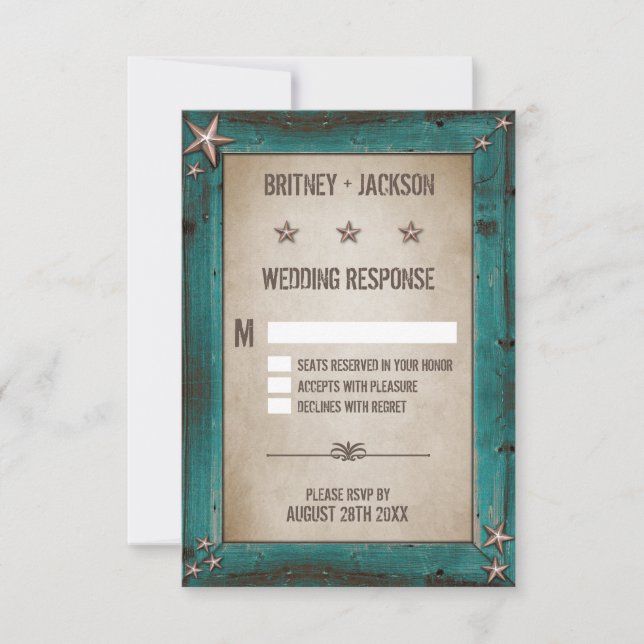 Western Türkise Barn Wood Wedding RSVP Cards Karte (Vorderseite)