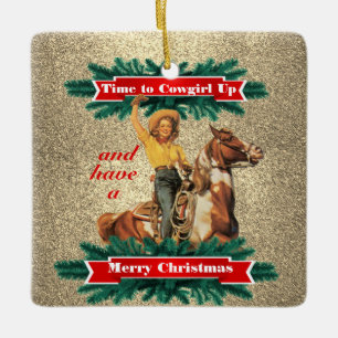 Western Vintag Cowgirl Up Frohe Weihnachten 2 Keramikornament