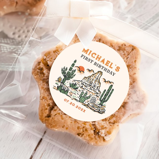 Western Vintag Wüste Rodeo 1. Geburtstag Runder Aufkleber (Von Creator hochgeladen)