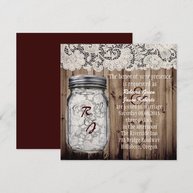 Western Vintage Barnholz Spitze Maurer Glas Hochze Einladung (Vorne/Hinten)