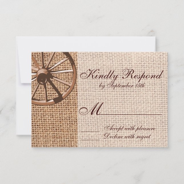 Western Wagon Wheel Burlap Wedding RSVP Card (Vorderseite)