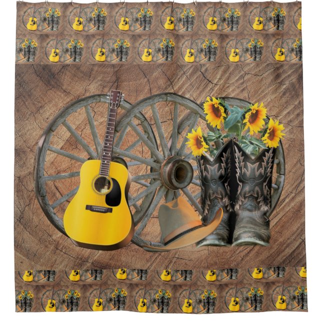 Western Wagon Wheel Gitarre Cowboy Stiefel Sonnenb Duschvorhang (Vorderseite)