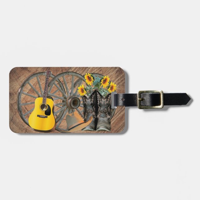 Western Wagon Wheel Gitarre Cowboy Stiefel Sonnenb Gepäckanhänger (Vorderseite horizontal)