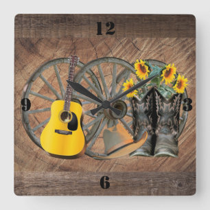 Western Wagon Wheel Guitar Cowboy Stiefel Sonnenbl Quadratische Wanduhr