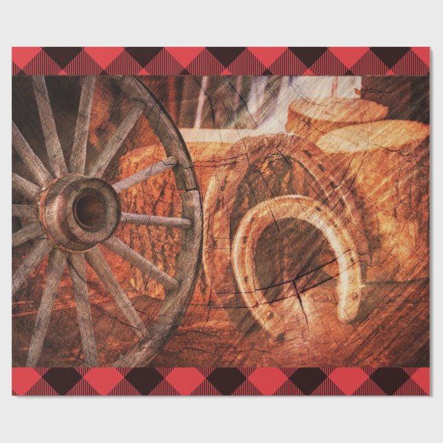 Western Wagon Wheels Hufeisen Rustikal Geschenkpapier (Flach)