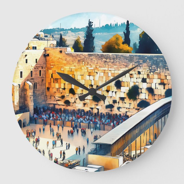Western Wall Kotel Aquarellkunst Große Wanduhr (Vorderseite)