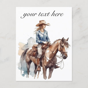 Western Watercolor Brünett Cowgirl, Custom Postkarte