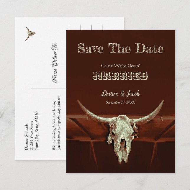 Western Wedding Bull Skull Save the Date Postkarte (Vorne/Hinten)