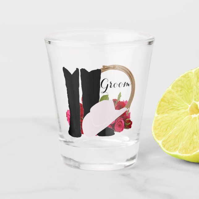 Western Wedding Cowboy Boots Hat Rose Groom Schnapsglas (Vorderseite)