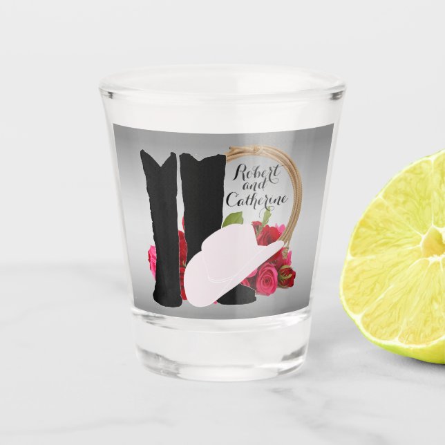 Western Wedding Cowboy Boots Hat-Rose personalisie Schnapsglas (Vorderseite)