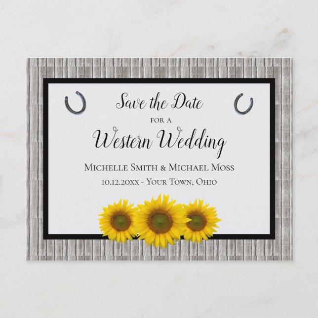 Western Wedding Sunflower Horseshoe Save the Date Ankündigungspostkarte (Vorderseite)