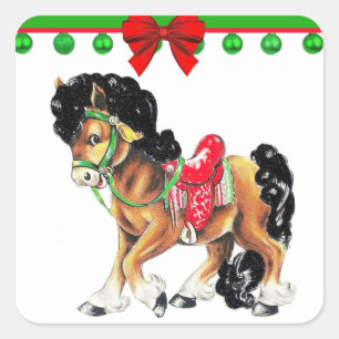 Western Weihnachten Kleines Pferdepony mit Sattel Quadratischer Aufkleber