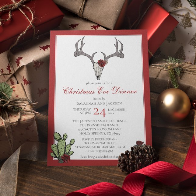 Western Weihnachts-Abendessen Rentier Antlers & Ca Einladung (Western Christmas Eve Dinner Party Invites. Hand-Drawn Reindeer Skull, Antlers, RedRoses & Cacti.)
