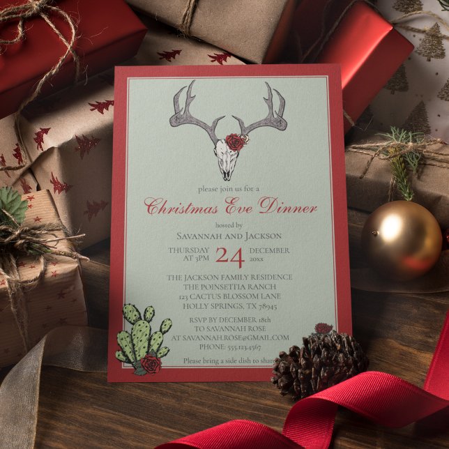 Western Weihnachts-Abendessen Rentier Antlers & Ca Einladung (Western Christmas Eve Dinner Party Invites. Hand-Drawn Reindeer Skull, Antlers, RedRoses & Cacti.)