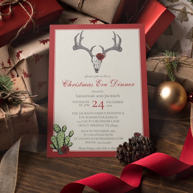 Western Weihnachts-Abendessen Rentier Antlers & Ca Einladung (Western Christmas Eve Dinner Party Invites. Hand-Drawn Reindeer Skull, Antlers, RedRoses & Cacti.)