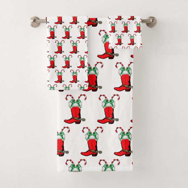 Western Weihnachts Cowboy Stiefel mit Candy Canes  Badhandtuch Set (Insitu)