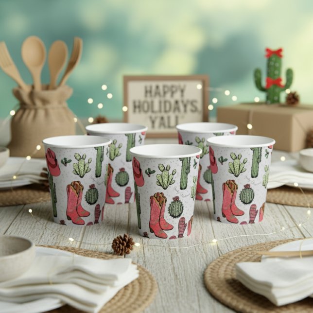 Western Weihnachts Cowgirl Boots Howdy Weihnachten Pappbecher (Country Christmas Party Paper Cups. Cute Howdy Christmas Pink & Red Cowgirl Boots, Cacti, Succulents)