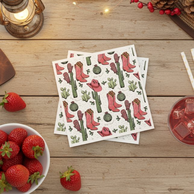 Western Weihnachts Cowgirl Boots Howdy Weihnachten Serviette (Western Howdy Christmas White Paper Napkins. Pink & Red Xmas Cowgirl Boots, Succulents, Cacti)