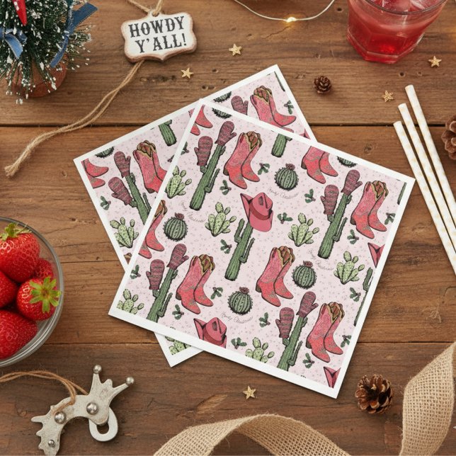 Western Weihnachts Cowgirl Boots Howdy Weihnachten Serviette (Western Howdy Christmas Pink Paper Napkins. Pink & Red Xmas Cowgirl Boots, Succulents, Cacti)
