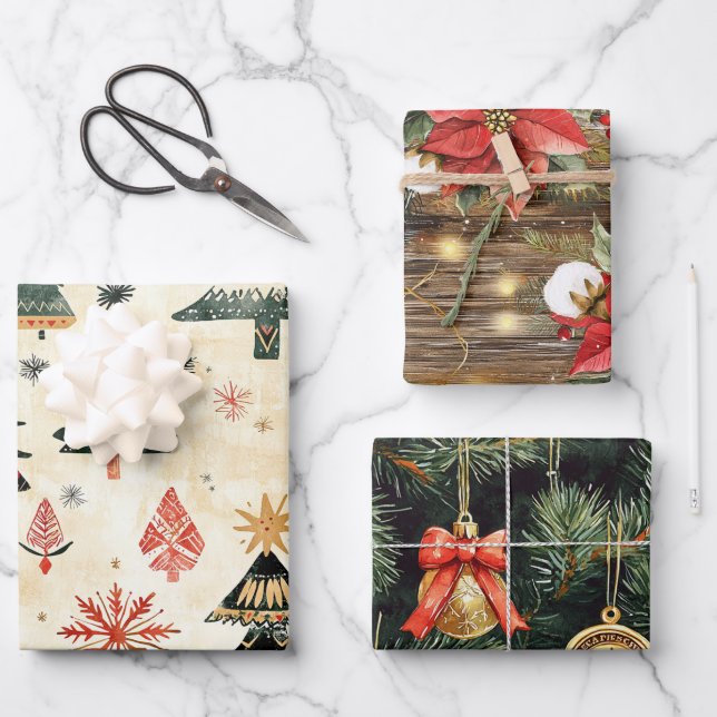 Western Weihnachtsbaum Zweige Poinsettia Blumenges Geschenkpapier Set (Vorderseite)