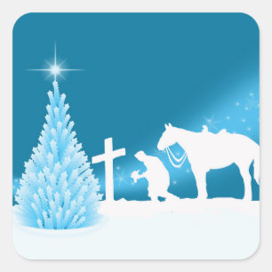 Western-Weihnachtscowboy-betende Winter-Szene Quadratischer Aufkleber
