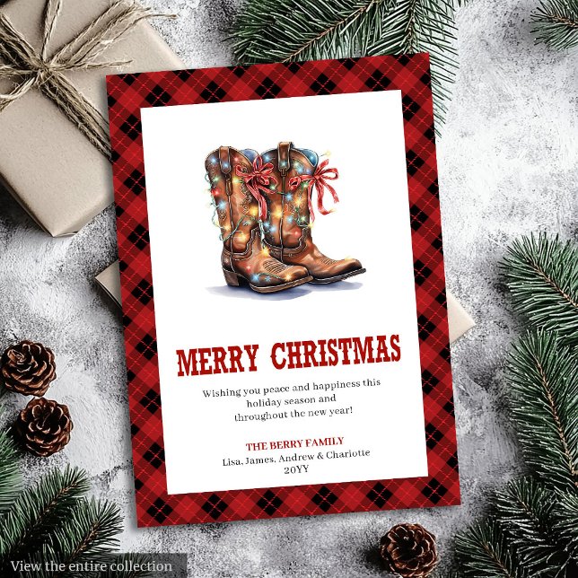 Western-Weihnachtskarte mit rotem Büffelkaromuster Feiertagskarte (Western Christmas card red buffalo plaid tartan

)