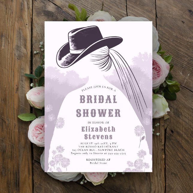 Western Wildblumen Rustikales Lavendel Brautparty Einladung (western bridal shower invitation prairie wildflowers cowgirl cowboy hat lavender lilac purple pink)