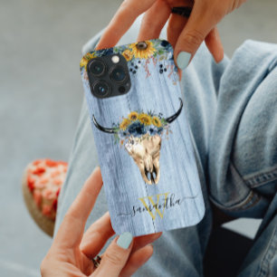 Western Wood Cow Skull Cowboy Blue Sonnenblume Case-Mate iPhone Hülle