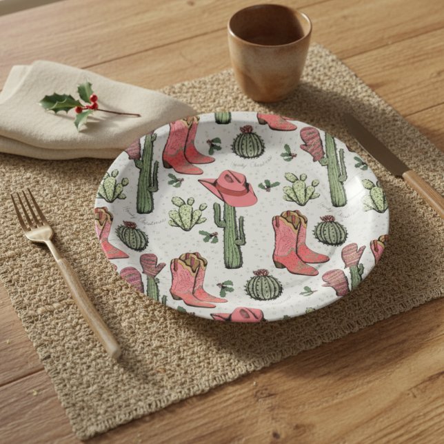 Western Xmas Cowgirl Boots Howdy Weihnachten Pappteller (Gray Country Christmas Paper Plates Western Howdy Christmas Cowgirl Boots, Hat, Cacti Holly Berries)