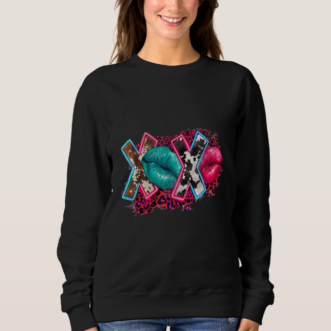 Western Xoxo Lip Cowhide Leopard Valentine's Day Sweatshirt (Vorderseite)