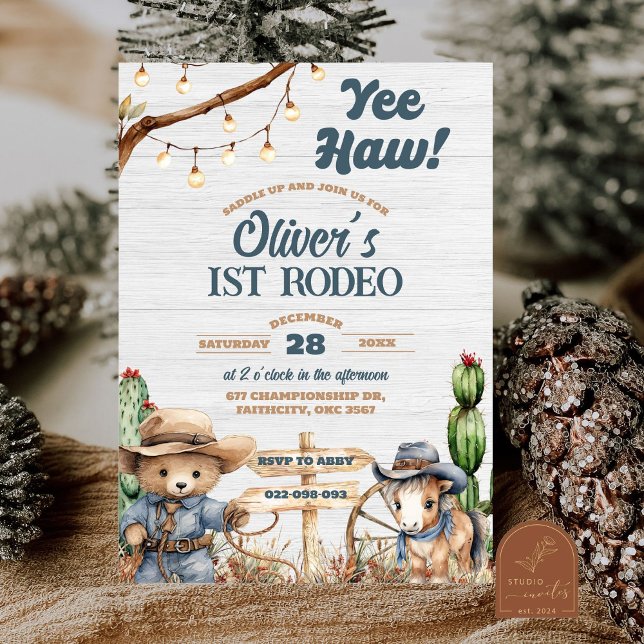 Western Yeehaw Bear Cowboy First Rodeo Geburtstag Einladung (Von Creator hochgeladen)
