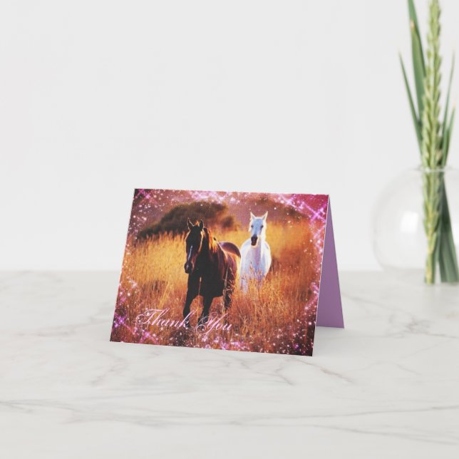 Westernlandsonnenuntergang-Pferdethemed Hochzeit Dankeskarte (Vorderseite)