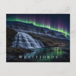 Westfjords Wasserfall & Fjord Island Aurora Postkarte