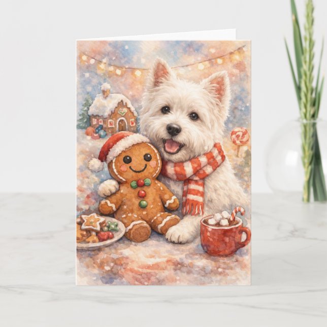Westie and Gingerbread Man Card Feiertagskarte (Vorderseite)
