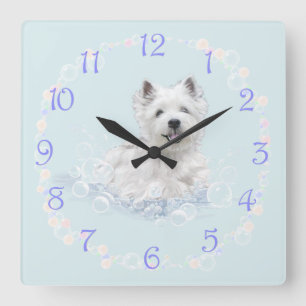 Westie Bath Time Fun Quadratische Wanduhr