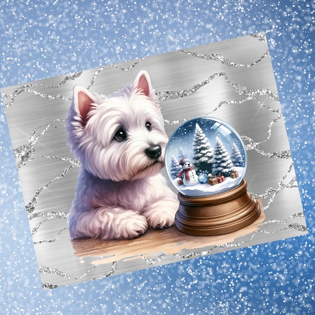 Westie Christmas Globe on Silver Feiertagspostkarte (Von Creator hochgeladen)