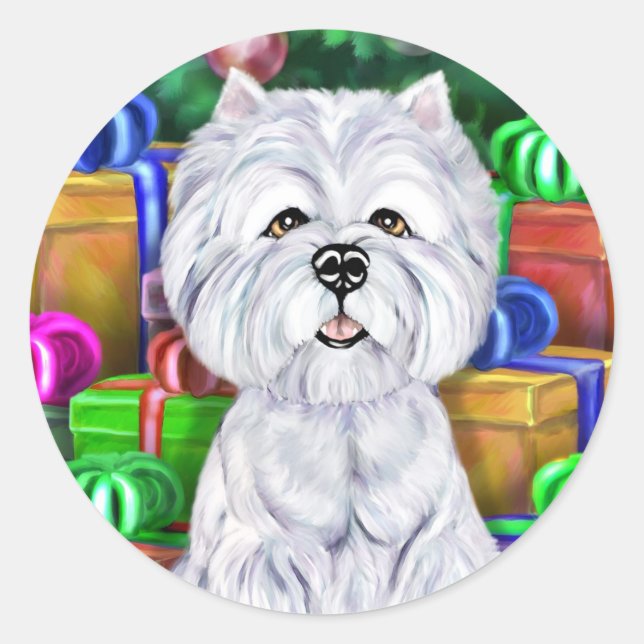 Westie Christmas Open Geschenke Runder Aufkleber (Vorderseite)