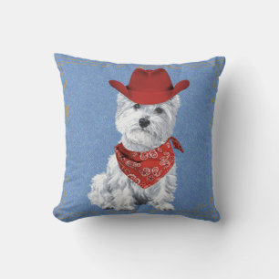 Westie Cowboy auf Jeansstoff Kissen