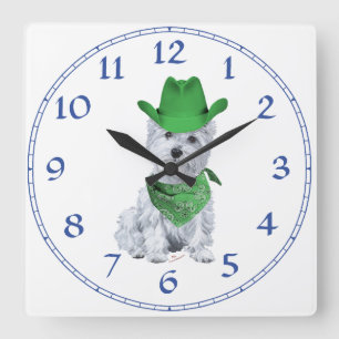 Westie Cowboy in Green Quadratische Wanduhr